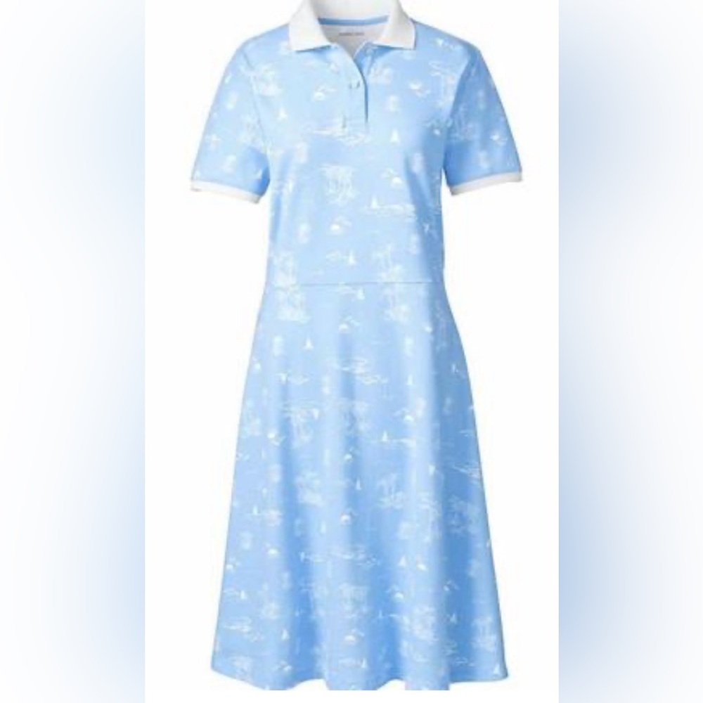 LANDS’ END Nautical Polo Shirt Dress Blue White Sailboat Palm Tree Coastal Prep